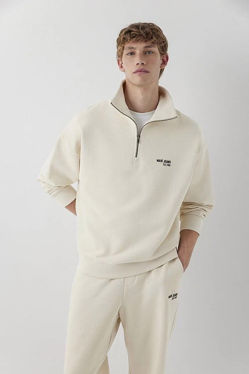 Logolu % 100 Pamuk Yarım Fermuarlı Dik Yaka Erkek Sweat 0S10678-70072 BEJ