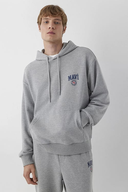 Logolu Loose Fit Kapüşonlu Erkek Sweat 0S10656-80018 GRİ MELANJ