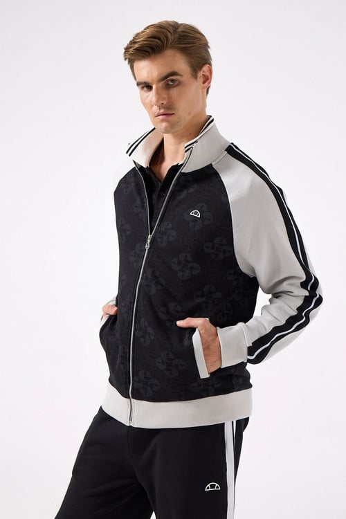 Logolu Pamuk Karışımlı Regular Fit Dik Yaka Fermuarlı Erkek Sweat 5SM1357-BK SİYAH