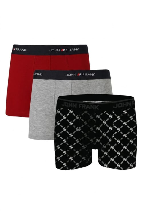 Logolu Pamuklu 3'lü Paket Erkek Boxer JFBS3 Gri-Kırmızı-SBeyaz