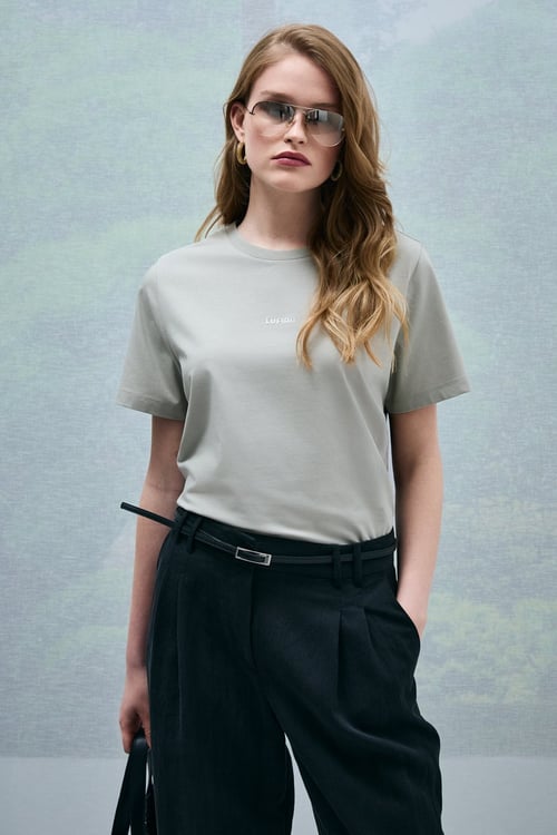 Logolu Pamuklu Comfort Fit Bisiklet Yaka Kadın T Shirt 121020034 Nane Yeşil