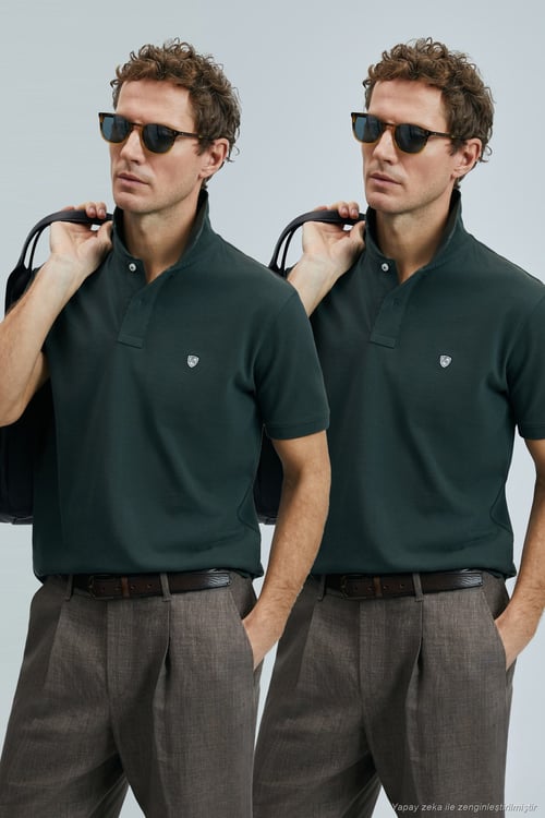 Logolu Pamuklu Comfort Fit Düğmeli Polo Yaka 2'li Erkek T Shirt 111040206S2 Haki-Haki