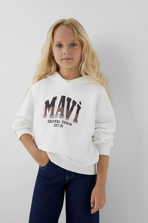 Logolu Pamuklu Kapüşonlu Kız Çocuk Sweat 7S10179-70057 KREM