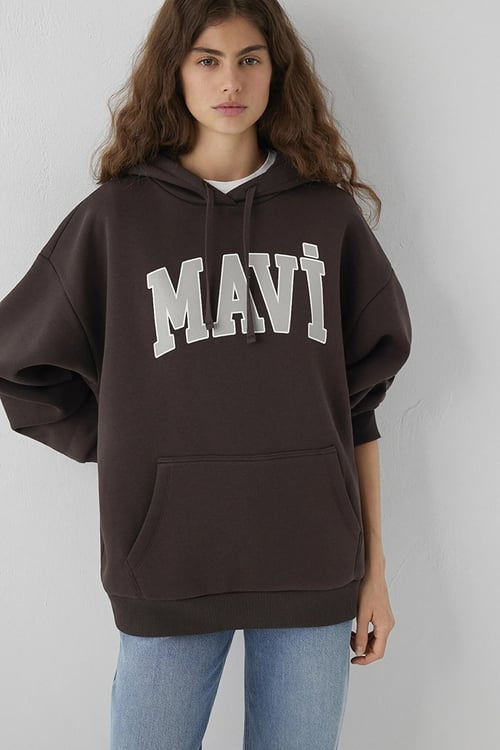 Logolu Pamuklu Oversize Kapüşonlu Kadın Sweat 1600361-70240 KOYU KAHVE