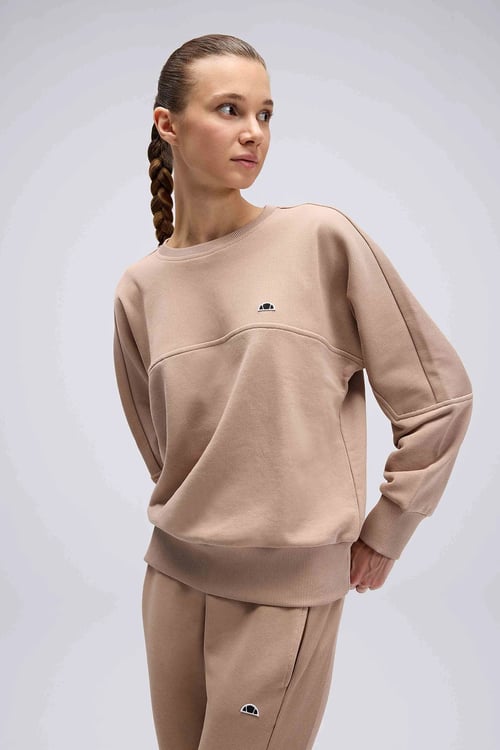Logolu Pamuklu Regular Fit Bisiklet Yaka Kadın Sweat EF567-BG BEJ
