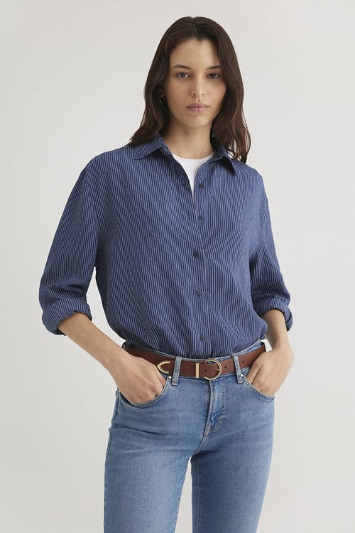Loose Fit Çizgili Uzun Kollu Kadın Gömlek 1210683-80736 LACİVERT
