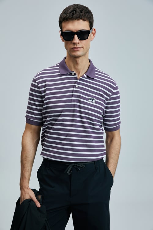 Lufian Çizgili Pamuklu Regular Fit Düğmeli Erkek Polo Yaka T Shirt 111040227 MÜRDÜM
