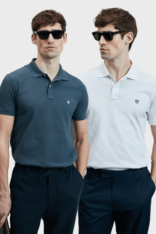Lufian Logolu Pamuklu Comfort Fit Düğmeli Polo Yaka 2'li Erkek T Shirt 111040206S2 BEYAZ-ANTRASİT