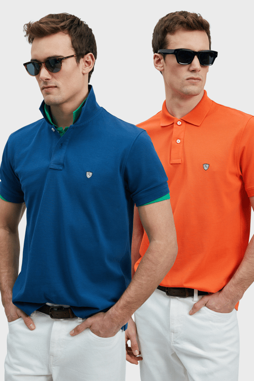Lufian Logolu Pamuklu Comfort Fit Düğmeli Polo Yaka 2'li Erkek T Shirt 111040206S2 Açık Lacivert-Turuncu