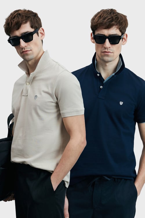 Lufian Logolu Pamuklu Comfort Fit Düğmeli Polo Yaka 2'li Erkek T Shirt 111040206S2 LACİVERT-EKRU