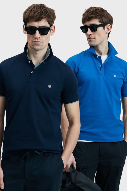 Lufian Logolu Pamuklu Comfort Fit Düğmeli Polo Yaka 2'li Erkek T Shirt 111040206S2 LACİVERT-SAKS