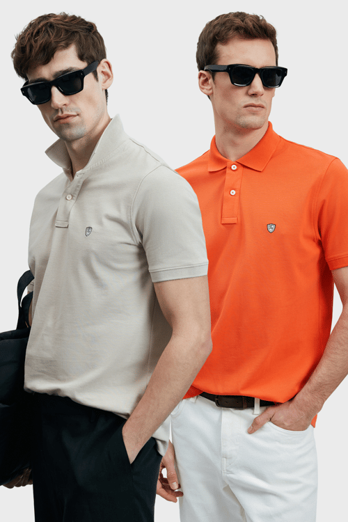 Lufian Logolu Pamuklu Comfort Fit Düğmeli Polo Yaka 2'li Erkek T Shirt 111040206S2 Ekru-Turuncu