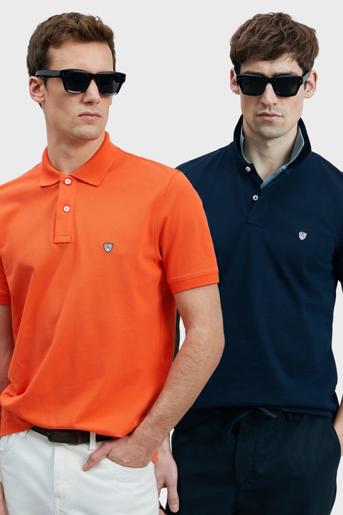 Lufian Logolu Pamuklu Comfort Fit Düğmeli Polo Yaka 2'li Erkek T Shirt 111040206S2 LACİVERT-TURUNCU