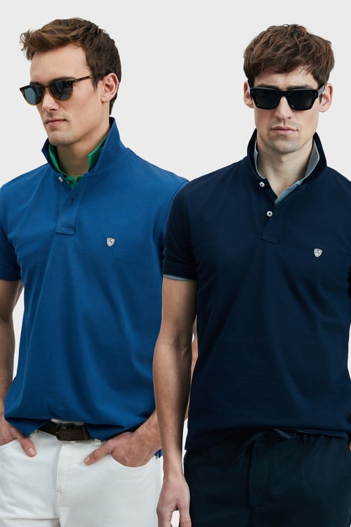 Lufian Logolu Pamuklu Comfort Fit Düğmeli Polo Yaka 2'li Erkek T Shirt 111040206S2 Lacivert-Açık Lacivert