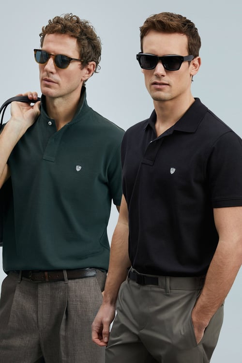 Lufian Logolu Pamuklu Comfort Fit Düğmeli Polo Yaka 2'li Erkek T Shirt 111040206S2 SİYAH-HAKİ
