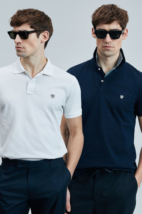 Lufian Logolu Pamuklu Comfort Fit Düğmeli Polo Yaka 2'li Erkek T Shirt 111040206S2 BEYAZ-LACİVERT