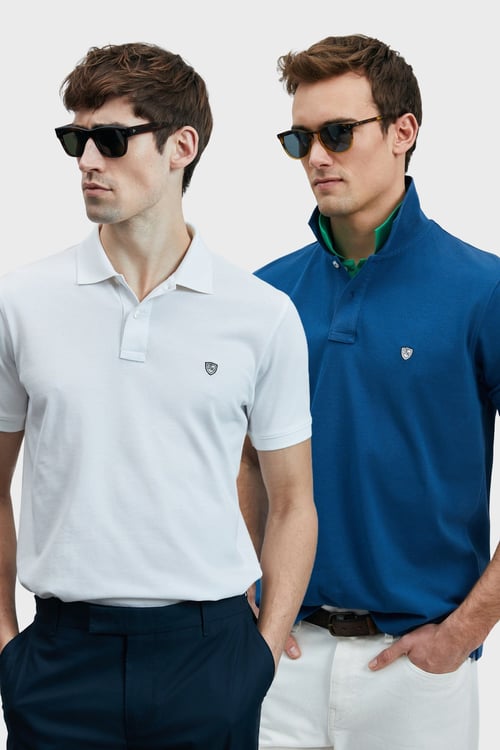 Lufian Logolu Pamuklu Comfort Fit Düğmeli Polo Yaka 2'li Erkek T Shirt 111040206S2 Beyaz-Açık Lacivert