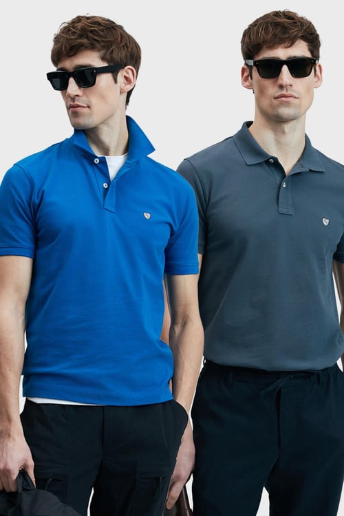Lufian Logolu Pamuklu Comfort Fit Düğmeli Polo Yaka 2'li Erkek T Shirt 111040206S2 ANTRASİT-SAKS