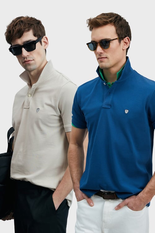 Lufian Logolu Pamuklu Comfort Fit Düğmeli Polo Yaka 2'li Erkek T Shirt 111040206S2 Açık Lacivert-Ekru
