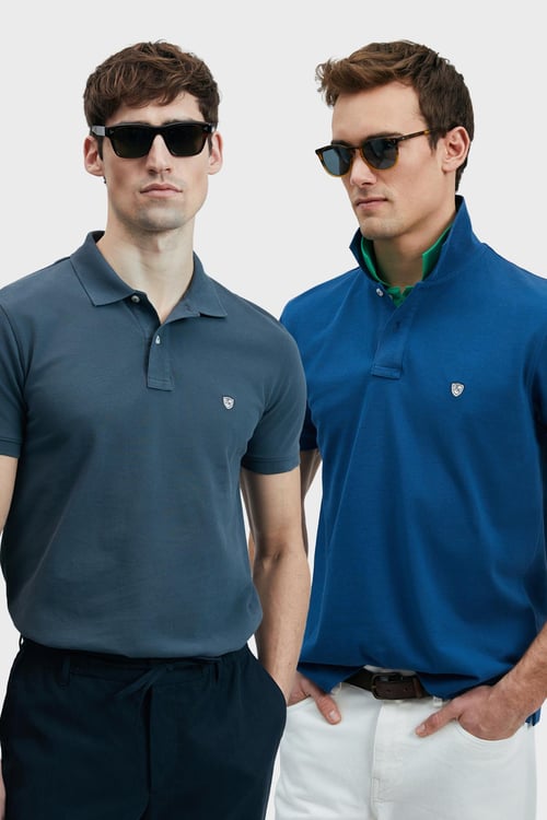Lufian Logolu Pamuklu Comfort Fit Düğmeli Polo Yaka 2'li Erkek T Shirt 111040206S2 Açık Lacivert-Antrasit