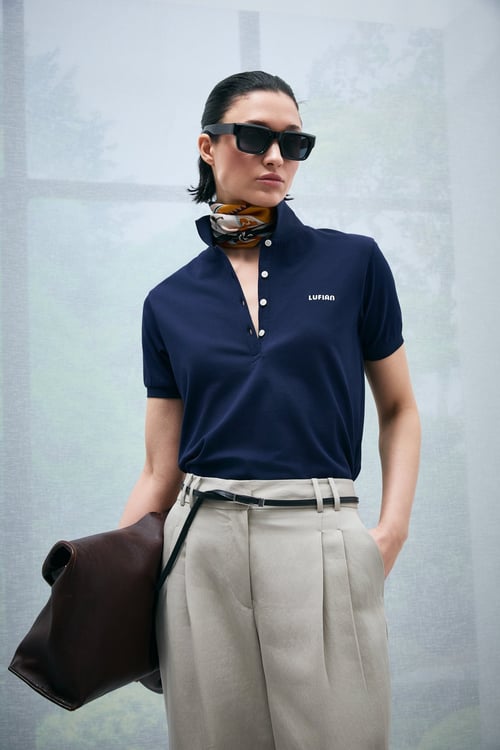 Lufian Logolu Pamuklu Relaxed Fit Düğmeli Kadın Polo Yaka T Shirt 121040002 LACİVERT