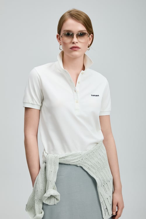 Lufian Logolu Pamuklu Relaxed Fit Düğmeli Kadın Polo Yaka T Shirt 121040002 BEYAZ