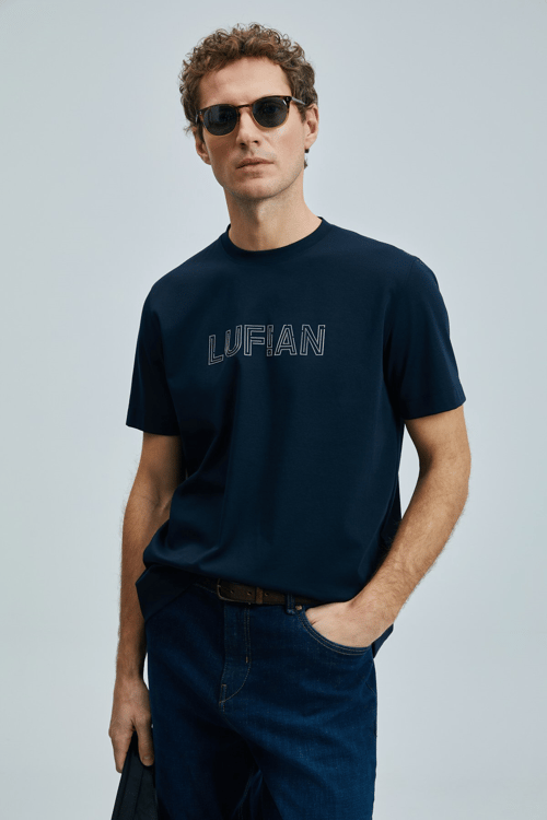 Lufian Logolu Streç Pamuklu Regular Fit Bisiklet Yaka Erkek T Shirt 111020240 LACİVERT