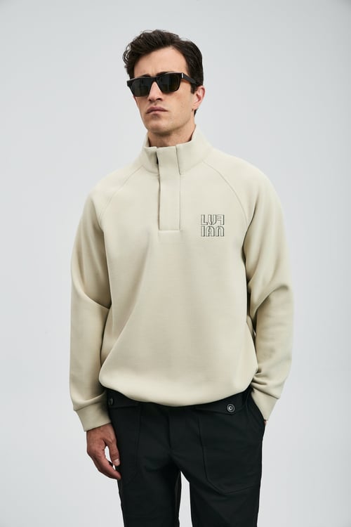 Lufian Pamuk Karışımlı Regular Fit Logolu Fermuarlı Dik Yaka Erkek Sweat 112030190 EKRU