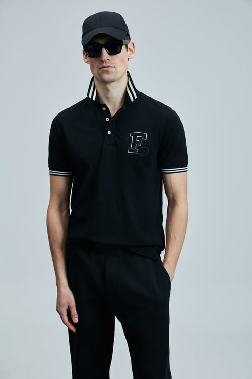 Lufian Şeritli % 100 Pamuk Regular Fit Düğmeli Erkek Polo Yaka T Shirt 111040216 SİYAH