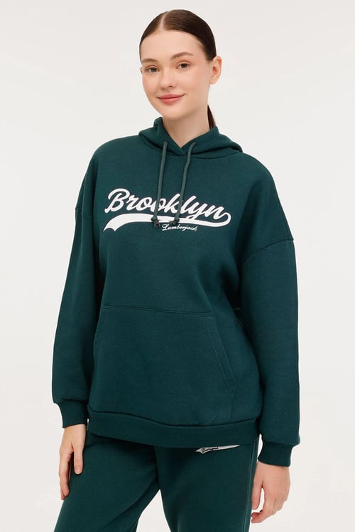 Lumberjack Baskılı Regular Fit Kapüşonlu Kadın Sweat 17GF960 4PR KOYU YEŞİL