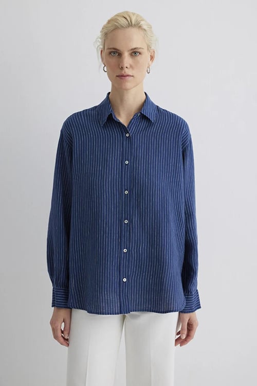 Mavi % 100 Keten Çizgili Oversize Fit Uzun Kollu Bayan Gömlek 1210748-89853 LACİVERT