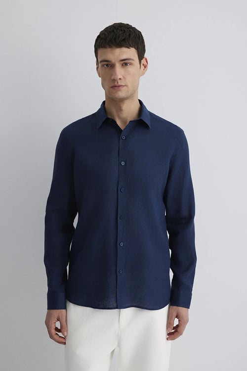 Mavi % 100 Keten Slim Fit Klasik Yaka Uzun Kollu Erkek Gömlek 0211466-70497 LACİVERT