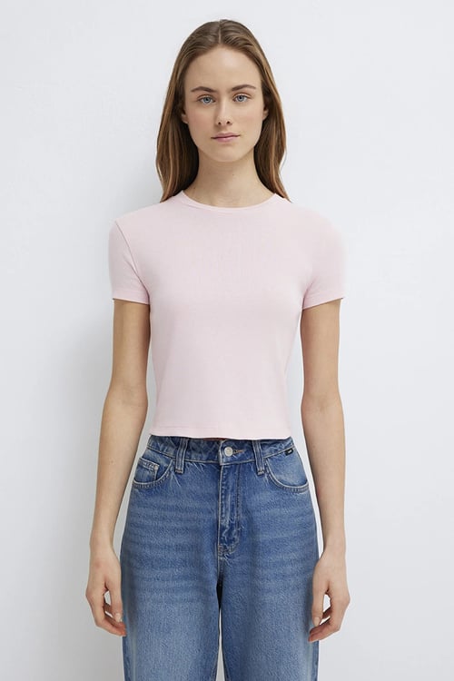 Mavi % 100 Pamuk Crop Fit Bisiklet Yaka Kadın T Shirt 1600814-89200 AÇIK PEMBE