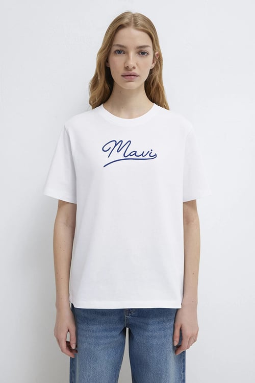 Mavi % 100 Pamuk Logo Nakışlı Bisiklet Yaka Kadın T Shirt 1612421-620 BEYAZ