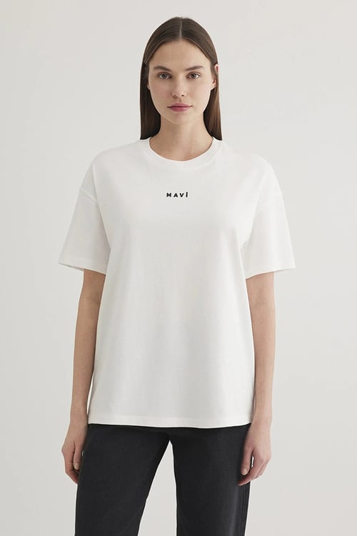 Mavi % 100 Pamuk Loose Fit Bisiklet Yaka Logolu Bayan T Shirt 1612518-70057 EKRU