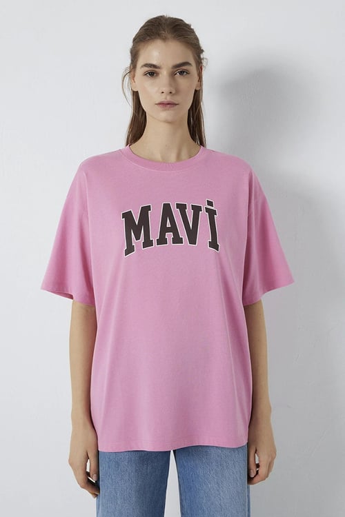 Mavi % 100 Pamuk Oversize Fit Logo Baskılı Bisiklet Yaka Kadın T Shirt 1600843-71063 PEMBE