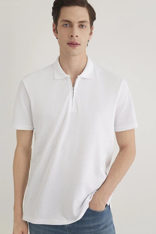 Mavi % 100 Pamuk Regular Fit Fermuarlı Erkek Polo Yaka T Shirt 0612525-620 BEYAZ