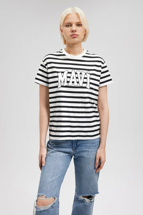 Mavi % 100 Pamuklu Regular Fit Kadın T Shirt 1611360-84041 SİYAH-BEYAZ