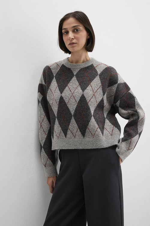 Mavi Baklava Desenli Oversize Fit Bisiklet Yaka Bayan Kazak 1710800-83096 Gri-Kahve