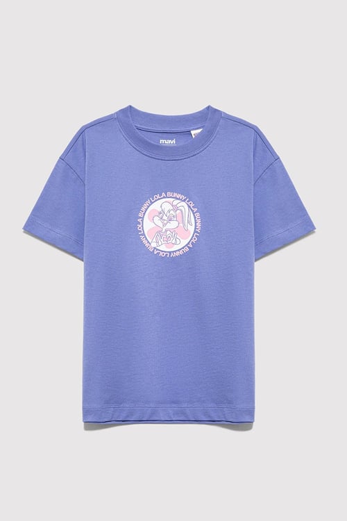 Mavi Baskılı % 100 Pamuk Bisiklet Yaka Kız Çocuk T Shirt 7610416-70662 MOR