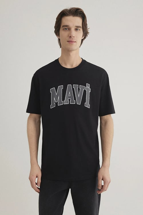 Mavi Baskılı % 100 Pamuk Loose Fit Bisiklet Yaka Erkek T Shirt 0611711-900 SİYAH