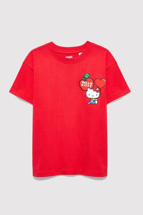 Mavi Bol Rahat Kesim % 100 Pamuk Bisiklet Yaka Baskılı Kız Çocuk T Shirt 7610429-70478 KIRMIZI