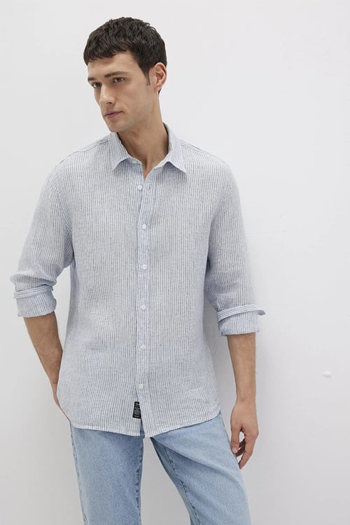 Mavi Çizgili % 100 Keten Regular Fit Uzun Kollu Erkek Gömlek 0211694-90913 AÇIK MAVİ