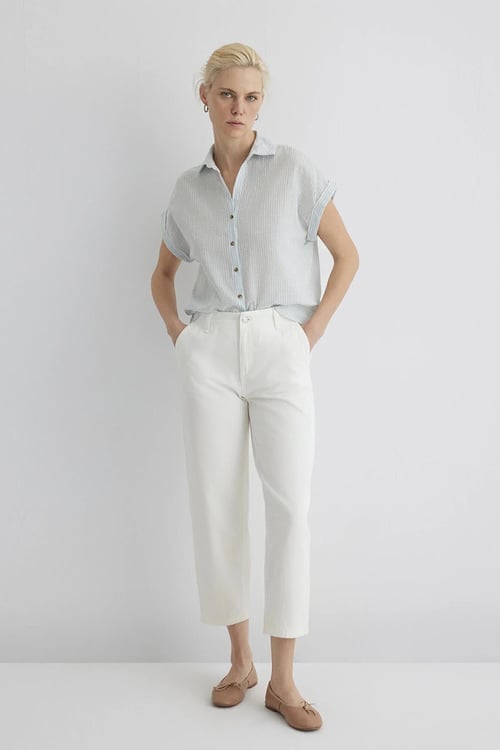 Mavi Çizgili Kısa Kollu Loose Fit Bayan Gömlek 1210445-84606 AÇIK MAVİ