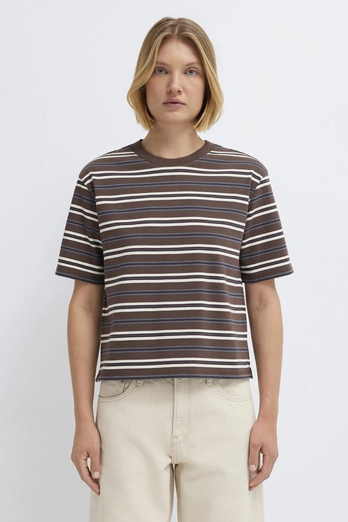 Mavi Çizgili Pamuklu Regular Fit Bisiklet Yaka Kadın T Shirt 1613979-91516 KAHVE-KREM