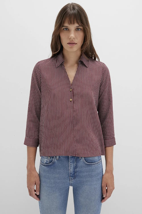 Mavi Çizgili Regular Fit Truvakar Kol V Yaka Bayan Bluz 122400-88614 BORDO
