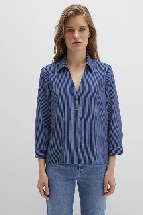 Mavi Çizgili Regular Fit Truvakar Kol V Yaka Bayan Bluz 122400-80736 LACİVERT