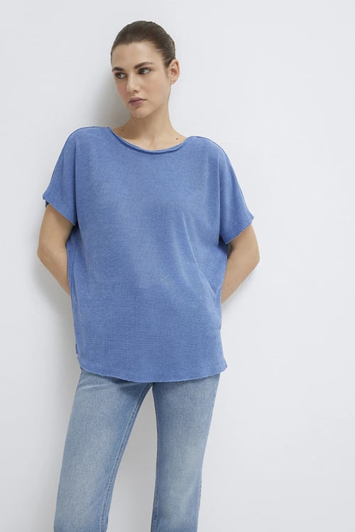 Mavi Dokulu Bisiklet Yaka Sırt Dekolte Detaylı Basic Kadın T Shirt 167311-70853 MAVİ