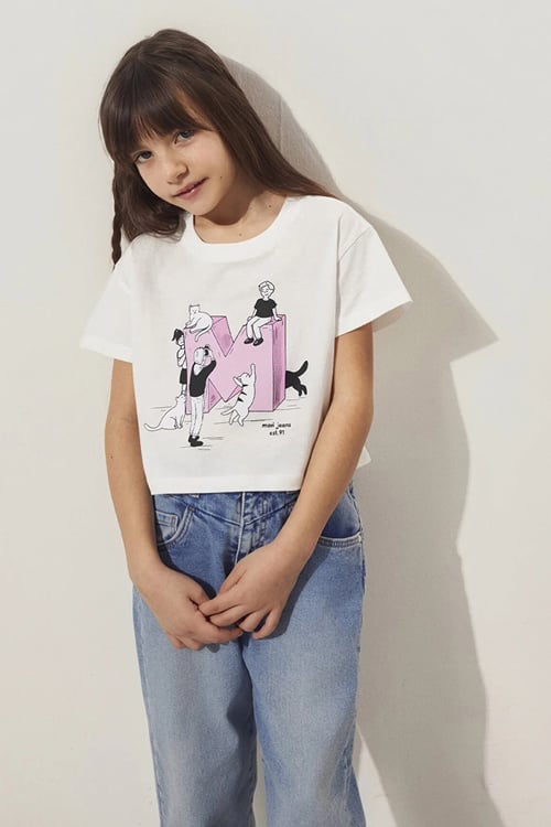 Mavi Kedi Baskılı % 100 Pamuk Loose Fit Bisiklet Yaka Crop Kız Çocuk T Shirt 7610284-70057 EKRU