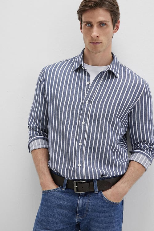 Mavi Keten Ve Pamuklu Slim Fit Uzun Kollu Çizgili Erkek Gömlek 0211698-90917 LACİVERT-BEYAZ